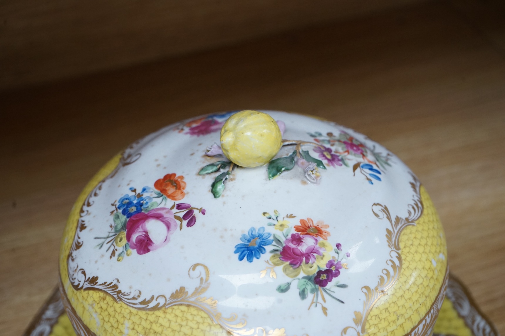 A late 18th century Vienna porcelain ecuelle, cover and stand, hand painted with flowers, 24cm in diameter